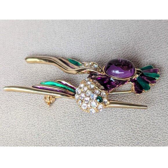 Vintage Signed LP Gold Tone Enamel Cabochon Rhinestones Hummingbird Brooch - Picture 5 of 9